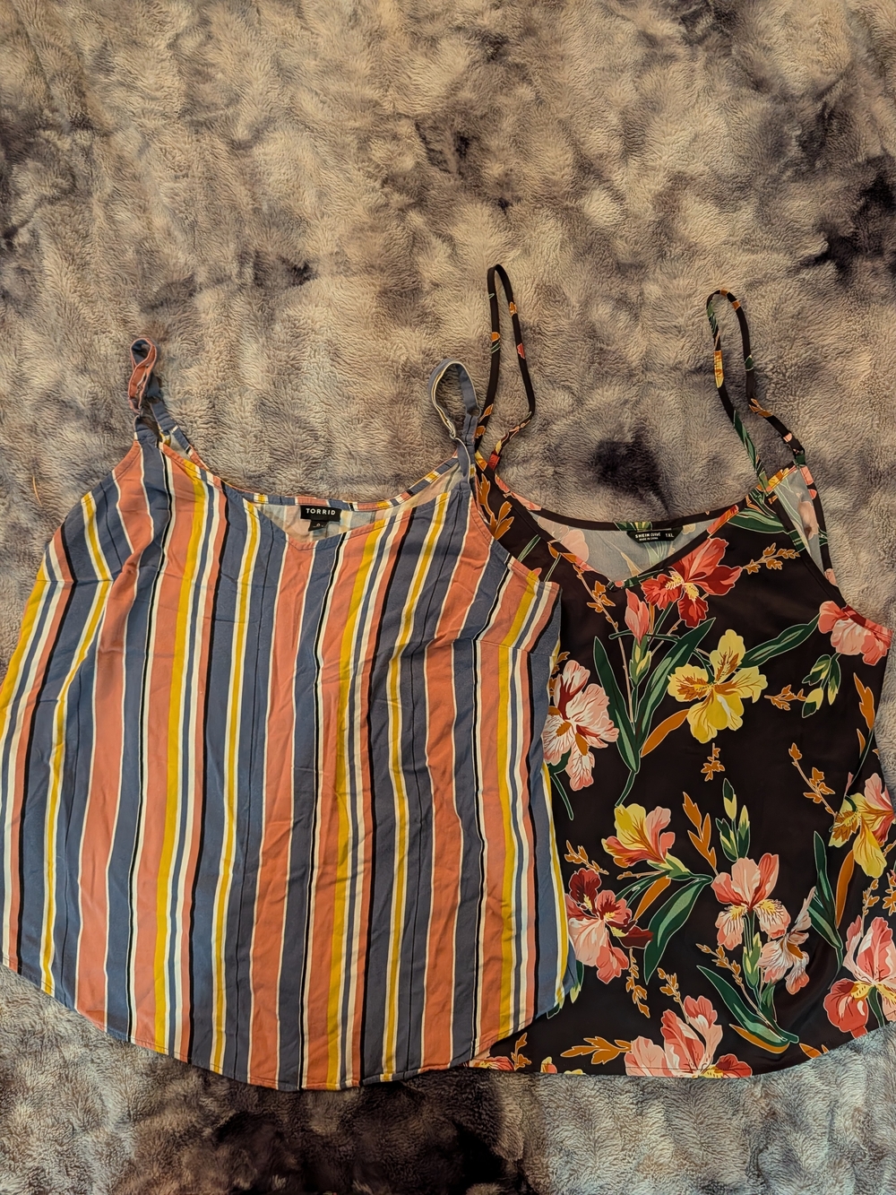 Torrid Striped Cami in Blue, Yellow, Rust & Cream And Shein Floral Cami